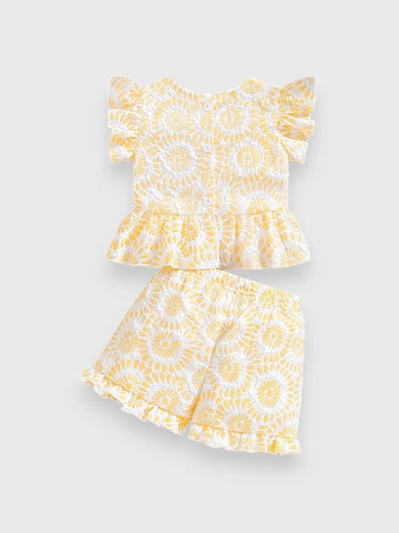 2 Pc Baby Girl Square Neck Flower Brocade Set