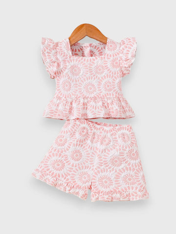 2 Pc Baby Girl Square Neck Flower Brocade Set