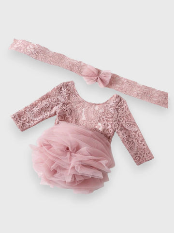 2 Piece Newborn Lace Tulle Bodysuit Dress with Headband