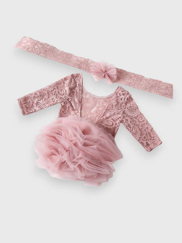 2 Piece Newborn Lace Tulle Bodysuit Dress with Headband