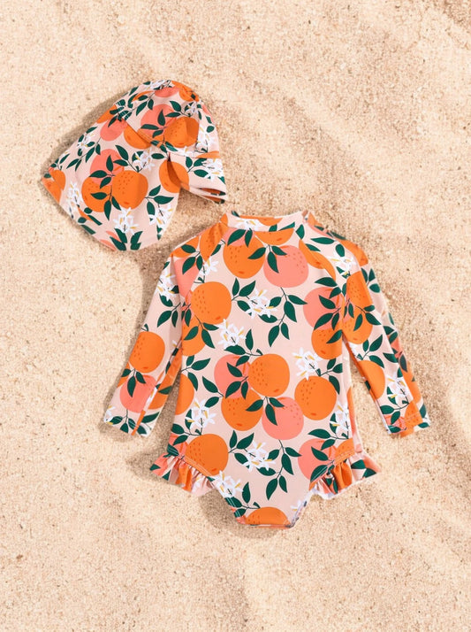 2 Pc Baby Girl Orange One-Piece Swimsuit with Hat
