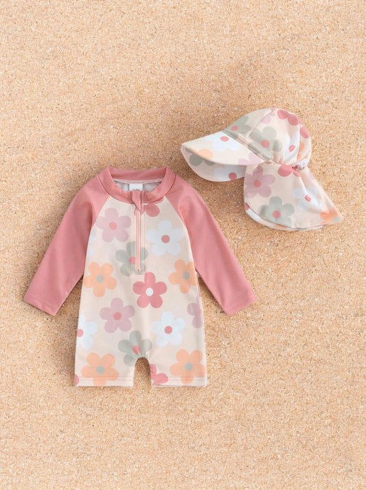 2 Pc Baby Girl Flower Romper Swimsuit with Hat