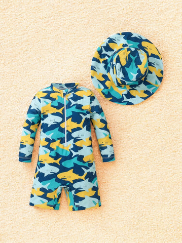 2 Pc Baby Boy Shark One-Piece Swim Suit