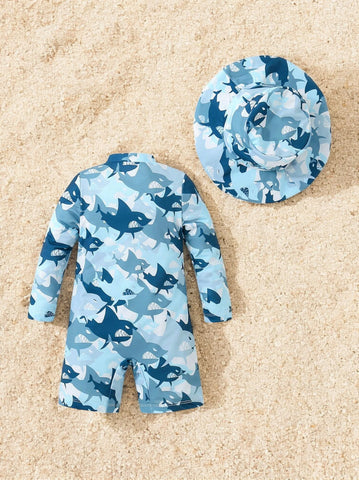 2 Pc Baby Boy Shark One-Piece Swim Suit