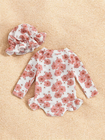 2 Pc Baby Girl Pink Flower Swimsuit with Ruffle Hat