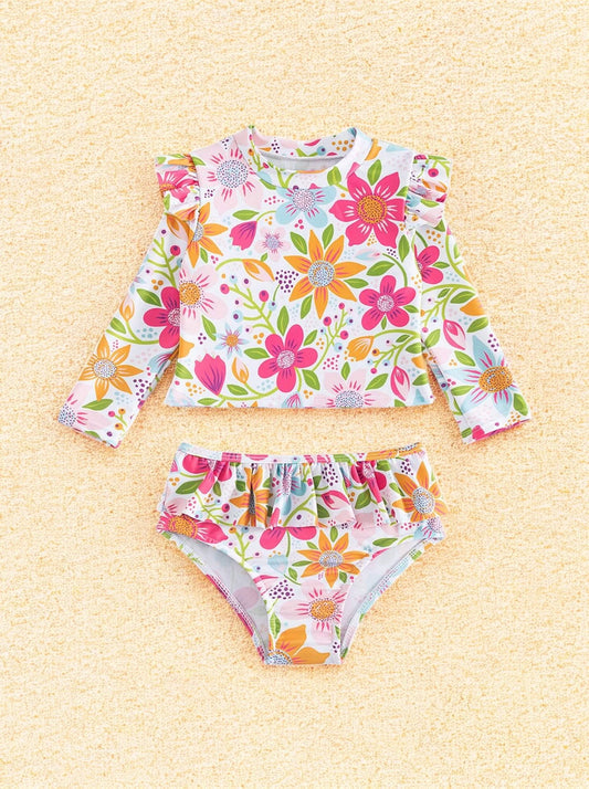 2 Pc Baby Girl Long Sleeve Wild Flower Swimsuit