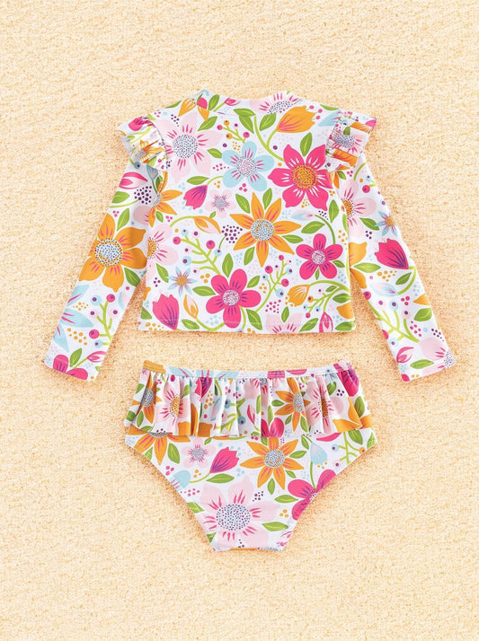 2 Pc Baby Girl Long Sleeve Wild Flower Swimsuit