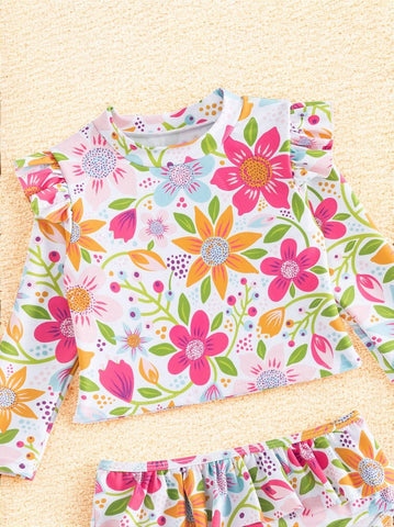 2 Pc Baby Girl Long Sleeve Wild Flower Swimsuit