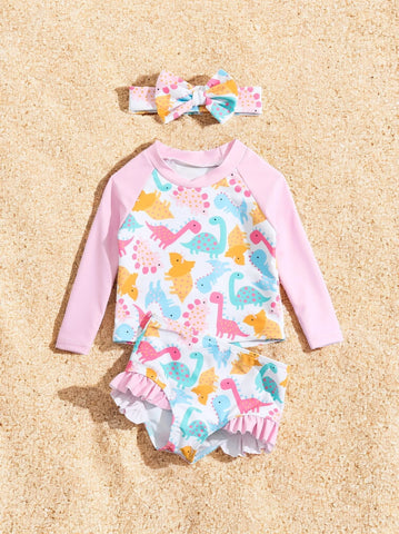 3 Pc Baby Girl Rainbow Dinosaur Swimsuit Set
