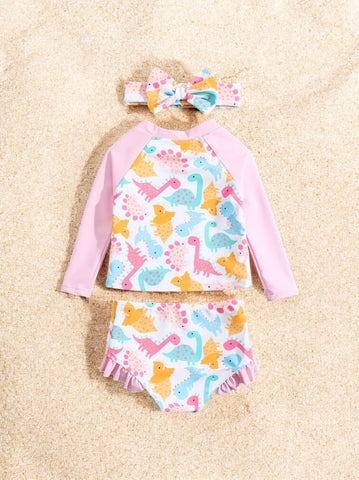 3 Pc Baby Girl Rainbow Dinosaur Swimsuit Set
