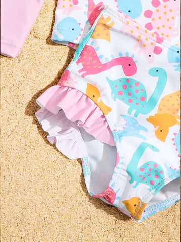3 Pc Baby Girl Rainbow Dinosaur Swimsuit Set