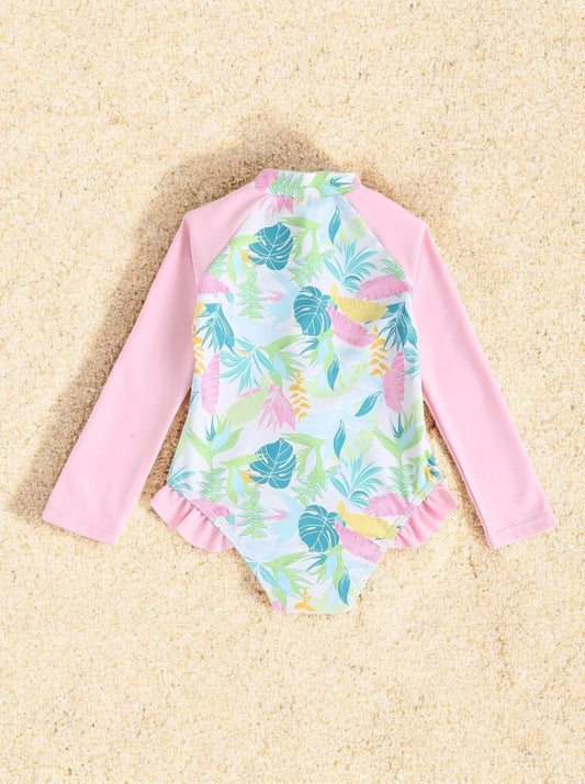 Girls Tropical Leaves One Piece Swimsuit