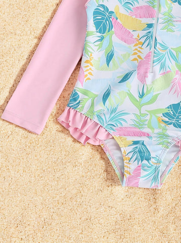 Girls Tropical Leaves One Piece Swimsuit