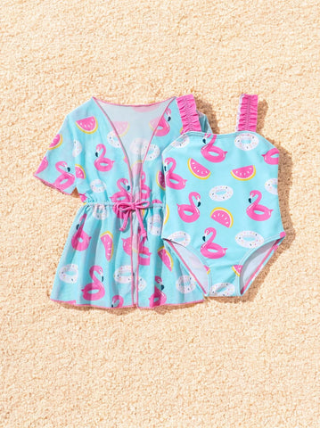2 Pc Baby Girl Swimsuit with Mesh Coverup