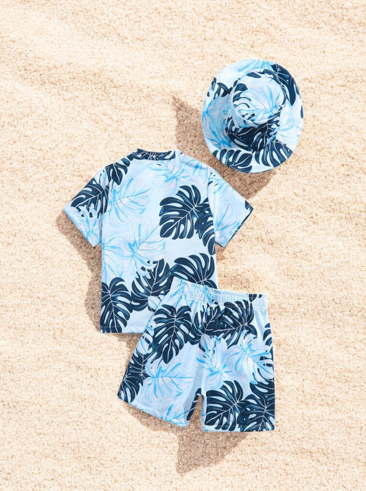 3 Pc Boys Monstera Leaf Print Beach Set