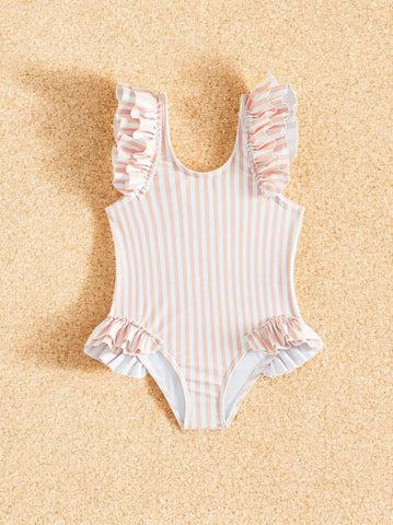 Girls Ruffle Stripes One Piece Swimsuit