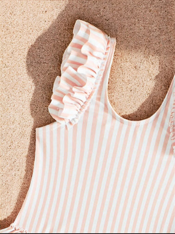 Girls Ruffle Stripes One Piece Swimsuit