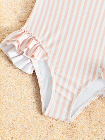 Girls Ruffle Stripes One Piece Swimsuit