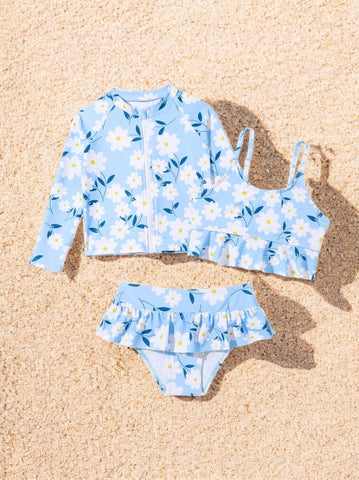 Girls 3 Pc Daisy Print Swimsuit Set