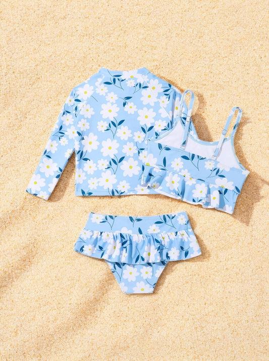 Girls 3 Pc Daisy Print Swimsuit Set