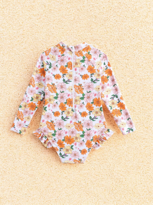 Girls Raglan Flower Print Swimsuit