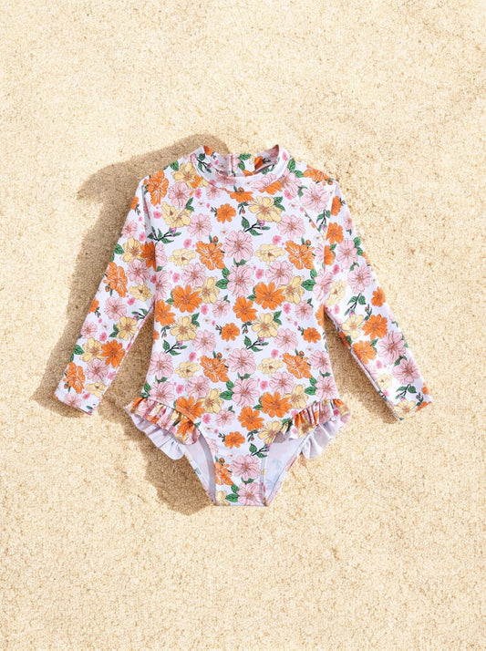 Girls Raglan Flower Print Swimsuit