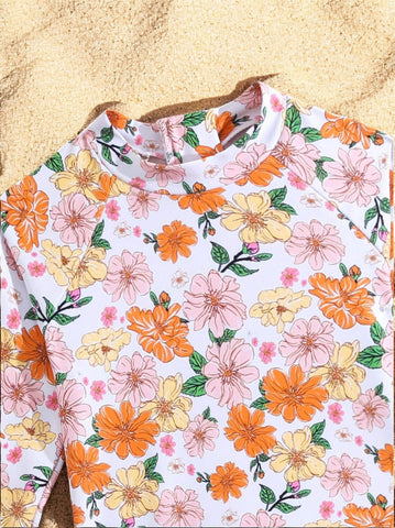 Girls Raglan Flower Print Swimsuit