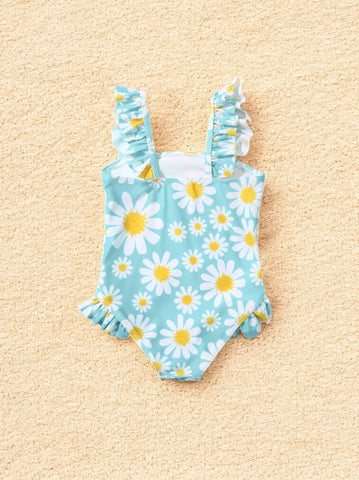 Girls Daisy Print and Ruffle Swimsuit