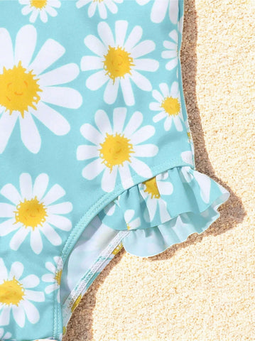 Girls Daisy Print and Ruffle Swimsuit