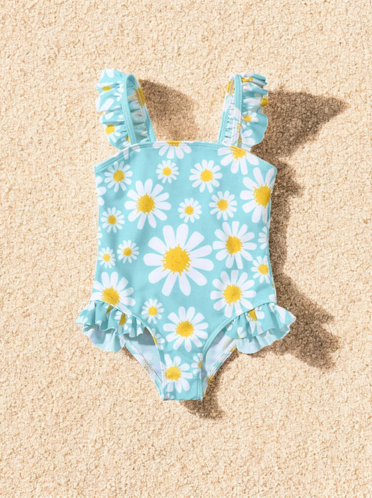 Girls Daisy Print and Ruffle Swimsuit