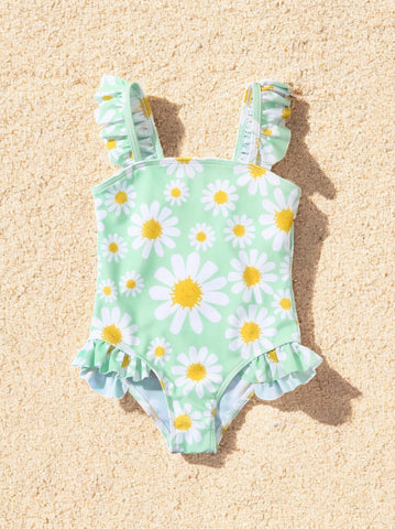 Girls Daisy Print and Ruffle Swimsuit