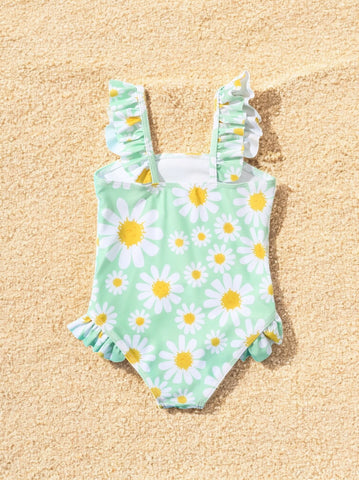 Girls Daisy Print and Ruffle Swimsuit