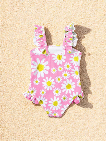 Girls Daisy Print and Ruffle Swimsuit