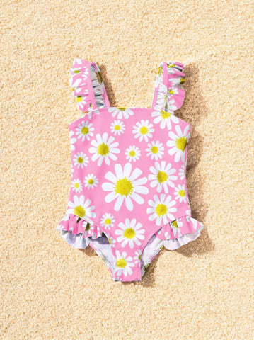 Girls Daisy Print and Ruffle Swimsuit