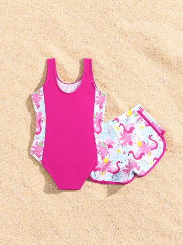 Girls Colorblock Flamingo Swimsuit with Shorts