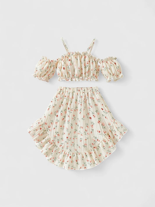 2 Pc Ditsy Floral Off Shoulder Top with Skirt
