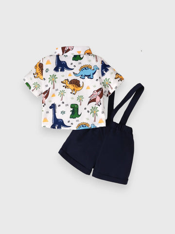 2 Pcs Baby Boy Dinosaur Suspender Shorts Set