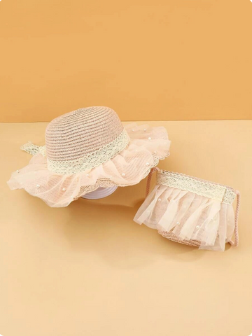 Toddler Girls Summer Spring Ivory Cream Straw Hat Tulle Ribbon Bow Overlay | Gift for little girls | Bendable Packable Sun Easter Sunday Hat