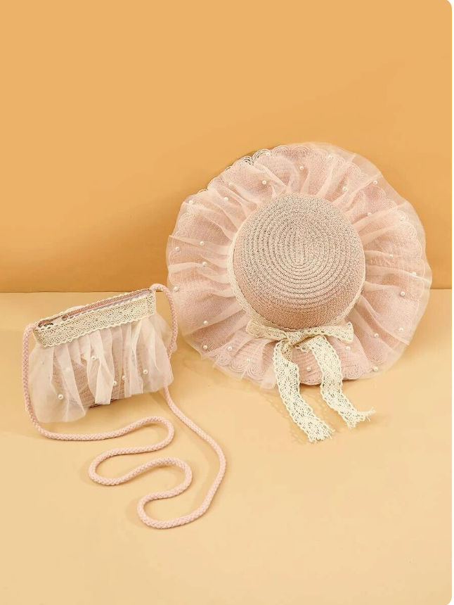 Toddler Girls Summer Spring Ivory Cream Straw Hat Tulle Ribbon Bow Overlay | Gift for little girls | Bendable Packable Sun Easter Sunday Hat