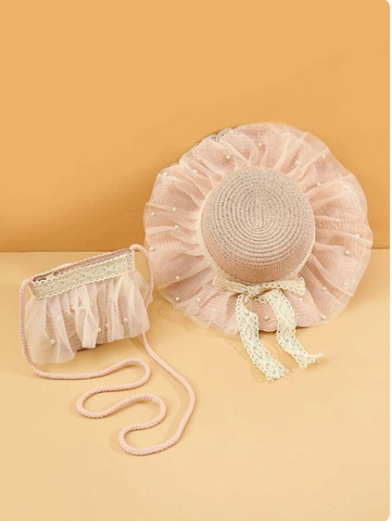 Toddler Girls Summer Spring Ivory Cream Straw Hat Tulle Ribbon Bow Overlay | Gift for little girls | Bendable Packable Sun Easter Sunday Hat