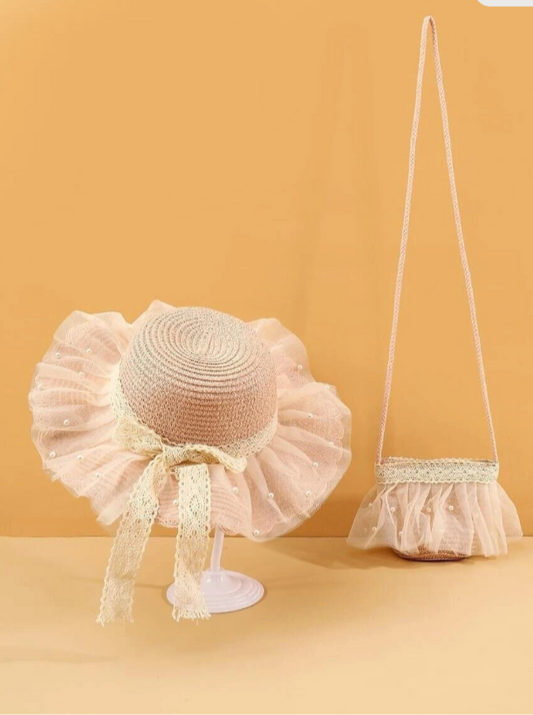 Toddler Girls Summer Spring Ivory Cream Straw Hat Tulle Ribbon Bow Overlay | Gift for little girls | Bendable Packable Sun Easter Sunday Hat