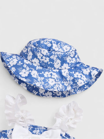 2 Pc Baby Girl Floral Bow Bodysuit with Hat