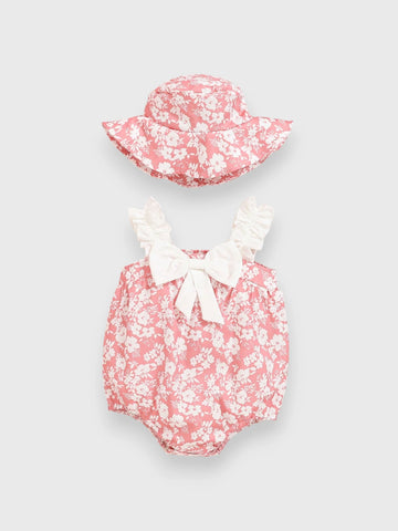 2 Pc Baby Girl Floral Bow Bodysuit with Hat