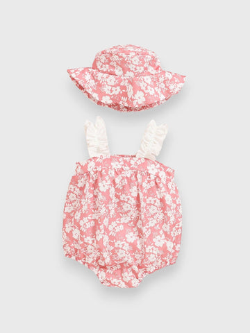2 Pc Baby Girl Floral Bow Bodysuit with Hat