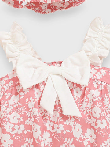 2 Pc Baby Girl Floral Bow Bodysuit with Hat