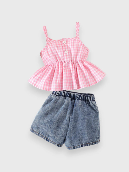 2 Pc Baby Girl Gingham Denim Set