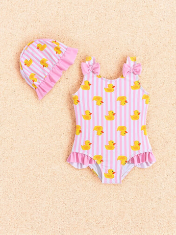 2 Pc Baby Girl Rubber Ducky Stripe Swimsuit