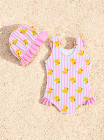 2 Pc Baby Girl Rubber Ducky Stripe Swimsuit