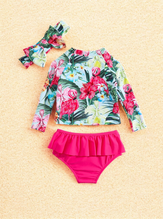 3 Pc Baby Girl Tropical Flower Print Swimsuit Set