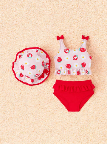 2 Pc Baby Girl Ruffle Swimsuit with Hat